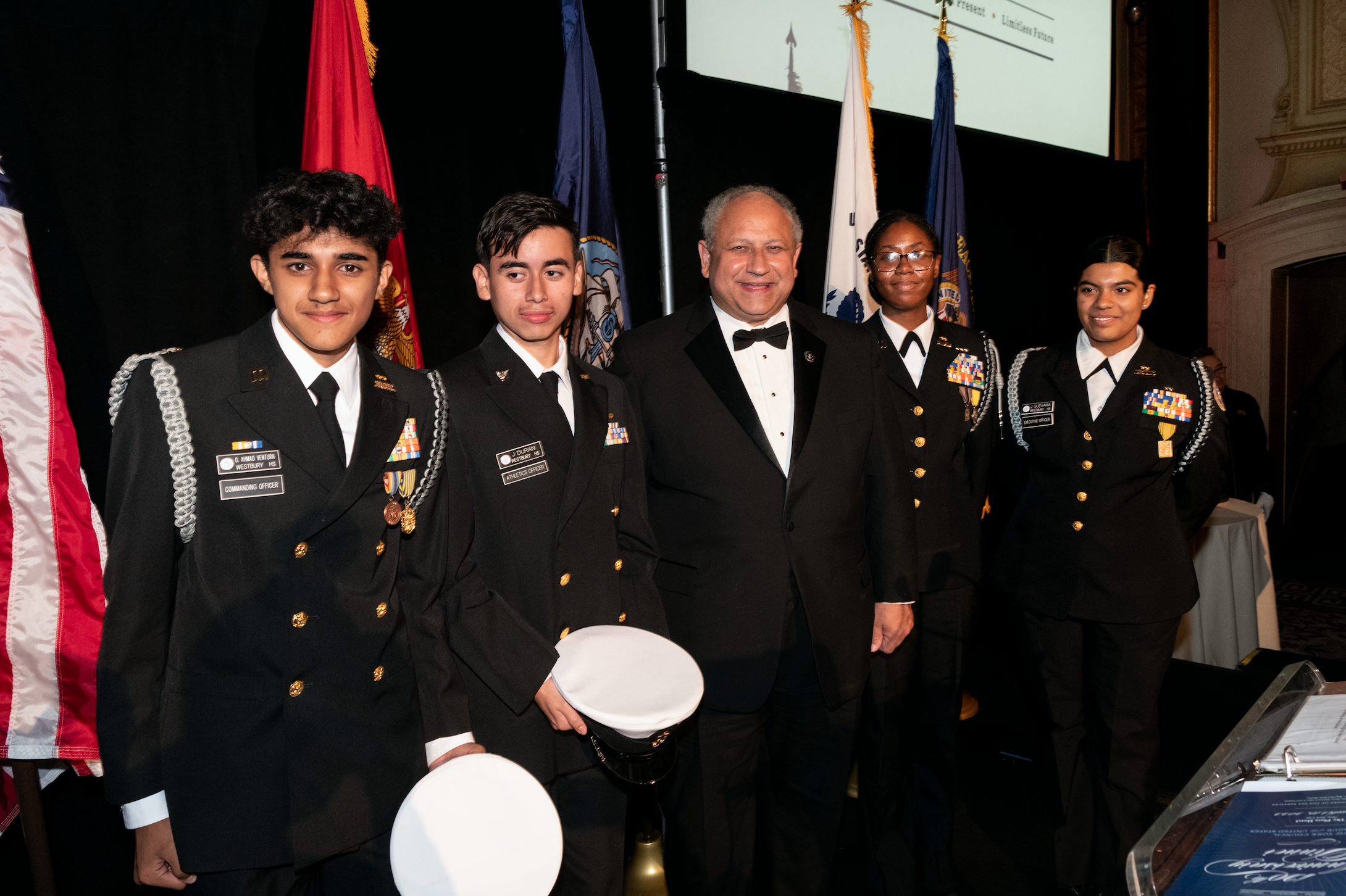 Westbury NJROTC Cadets with the Honorable Carlos Del Toro, Secretary of the Navy, at the New York Council’s 120th Anniversary Dinner.